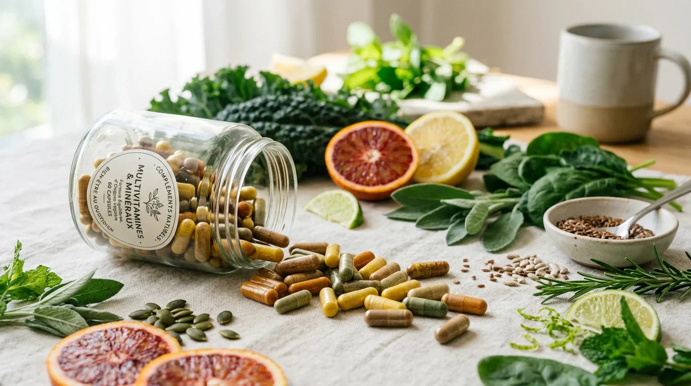 Gélules multivitamines naturelles entourées de fruits et légumes frais Image