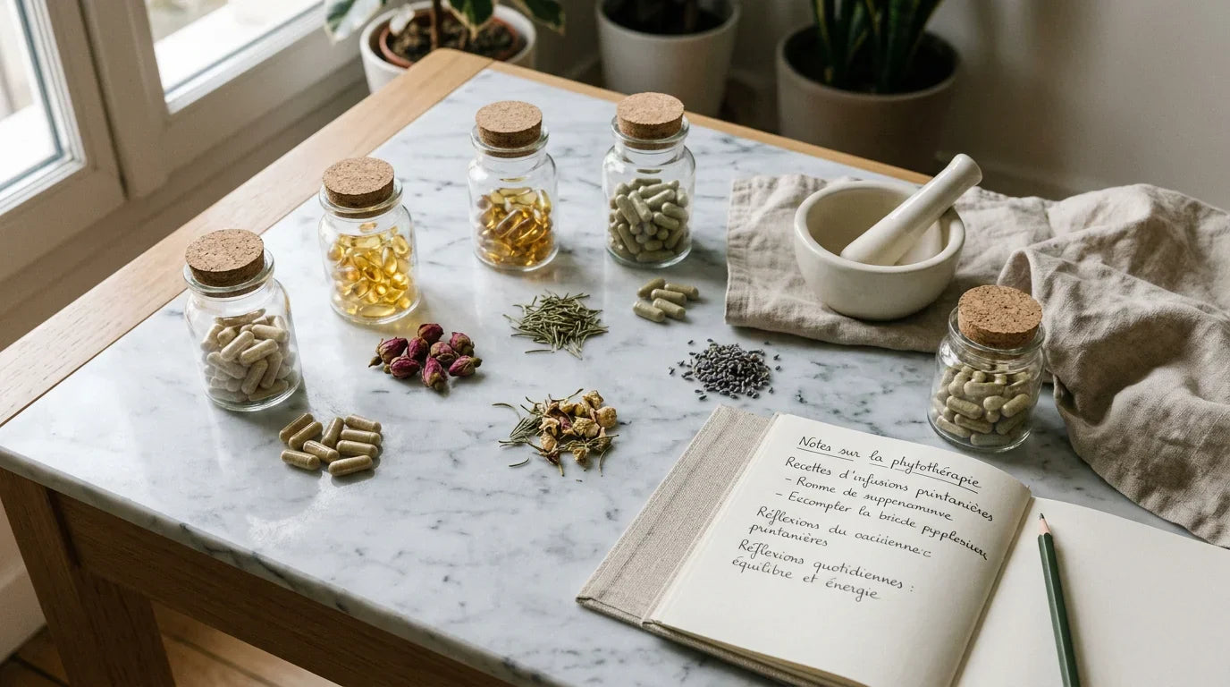 Composition de compléments alimentaires naturels et plantes sur une surface claire Image
