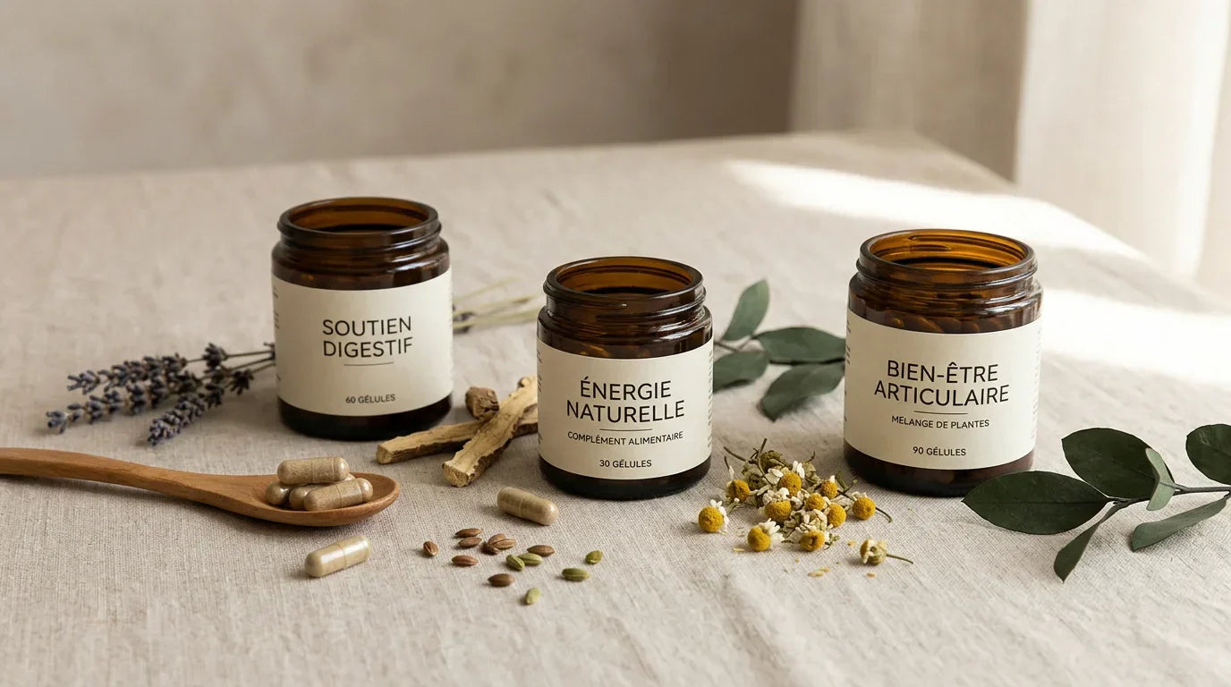 Compléments alimentaires naturels présentés avec des ingrédients botaniques Image