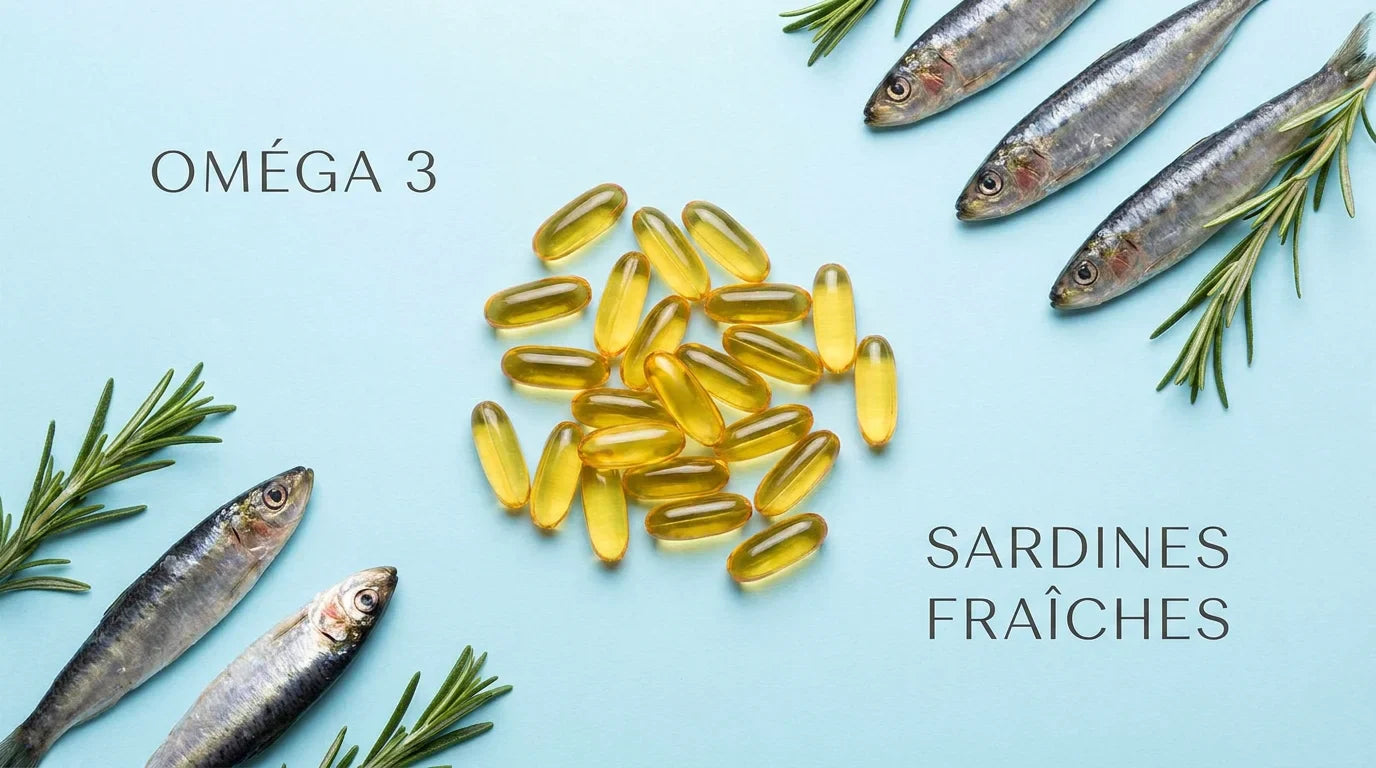 Capsules dorées d'oméga 3 disposées sur fond bleu avec sardines fraîches et romarin