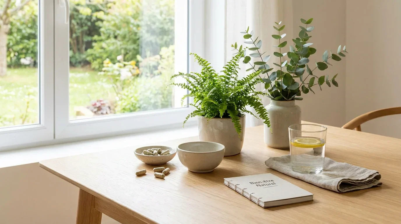 Espace bien-être avec compléments alimentaires naturels, plantes et eau citronnée sur une table en bois Image