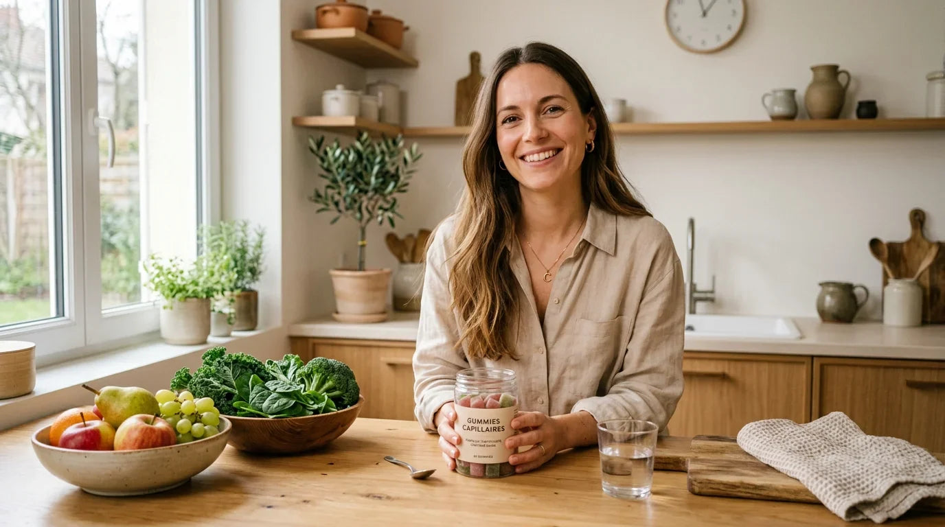 Femme aux cheveux sains tenant des compléments capillaires bio dans une cuisine lumineuse Image
