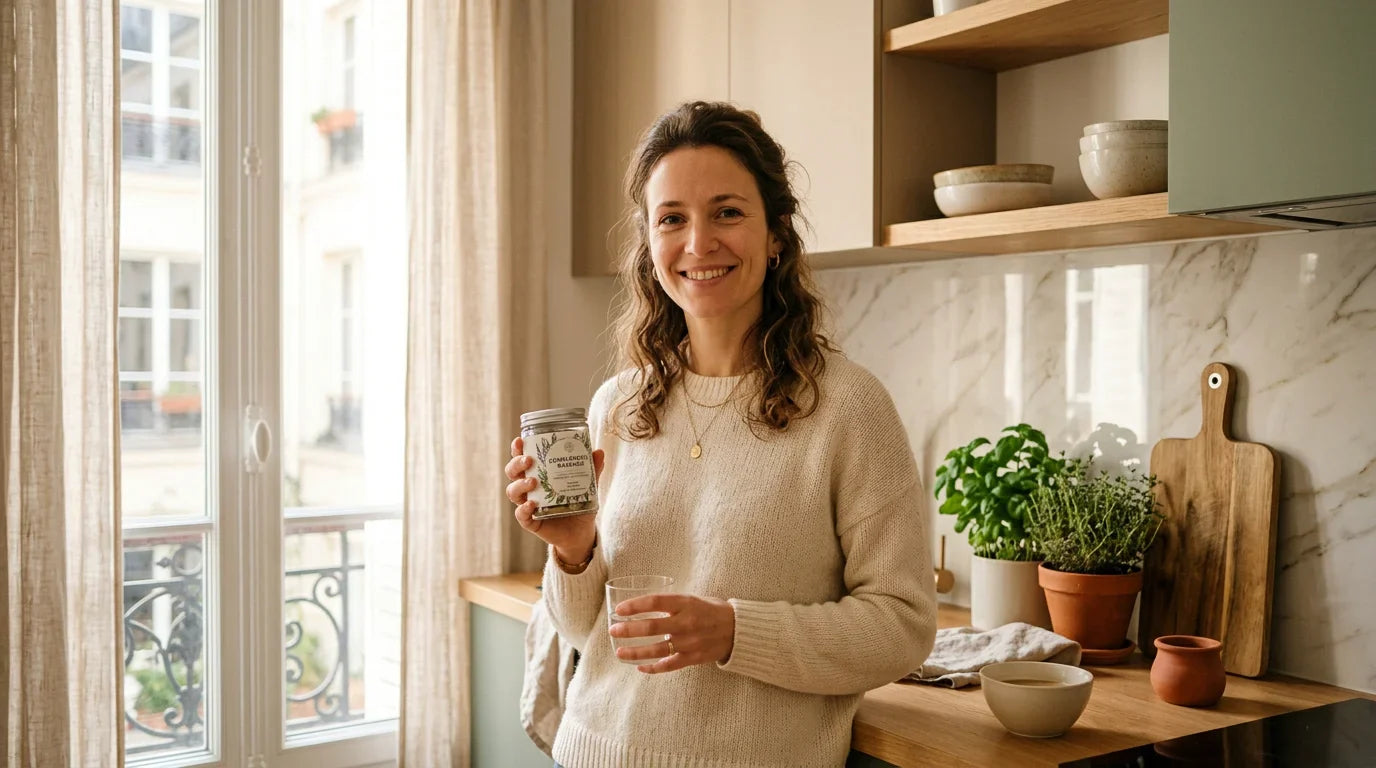 Femme choisissant des vitamines et compléments alimentaires dans sa cuisine