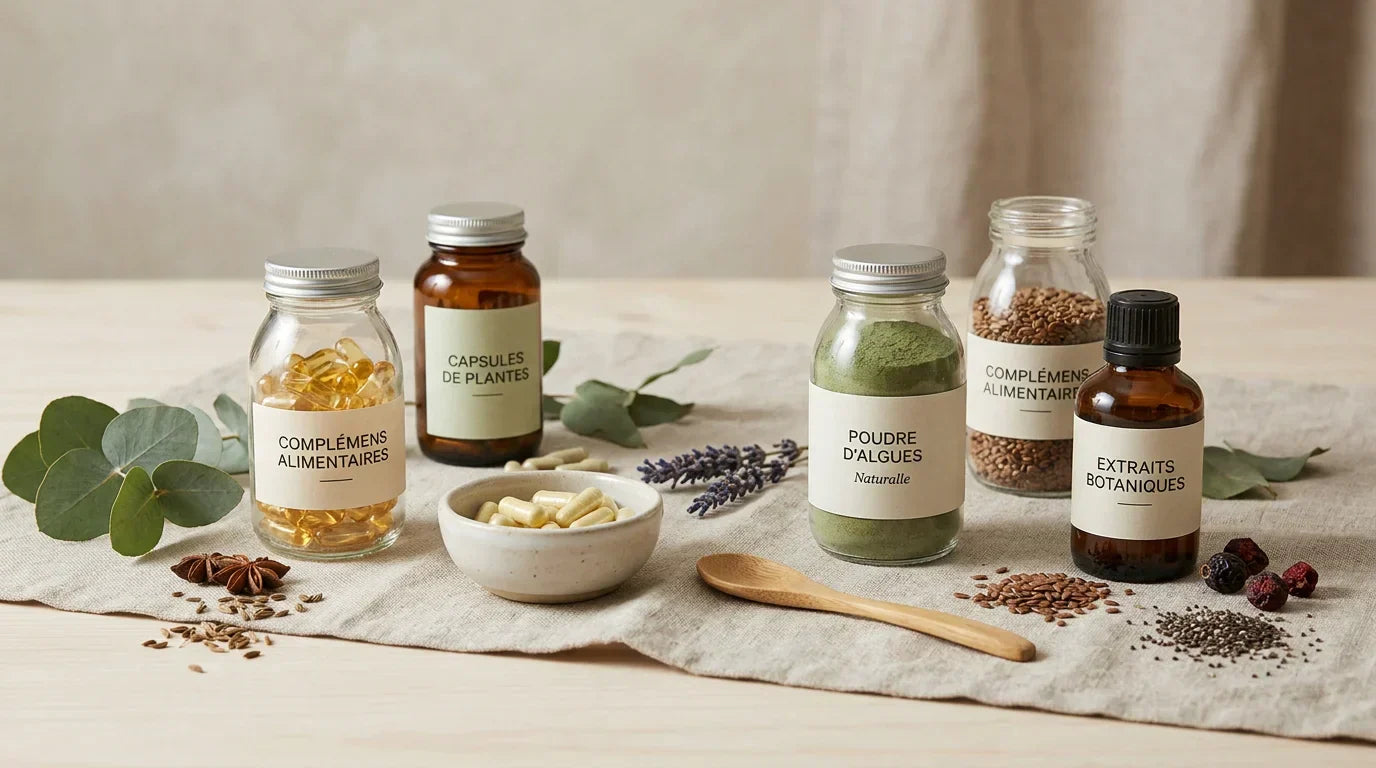 Assortiment de compléments alimentaires naturels sur fond neutre avec éléments botaniques