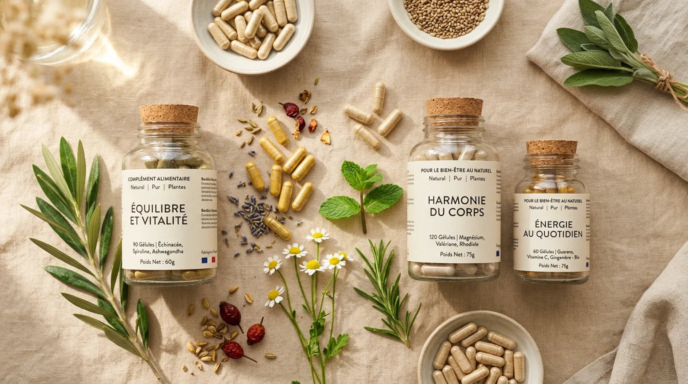 Compléments alimentaires naturels disposés avec des plantes fraîches