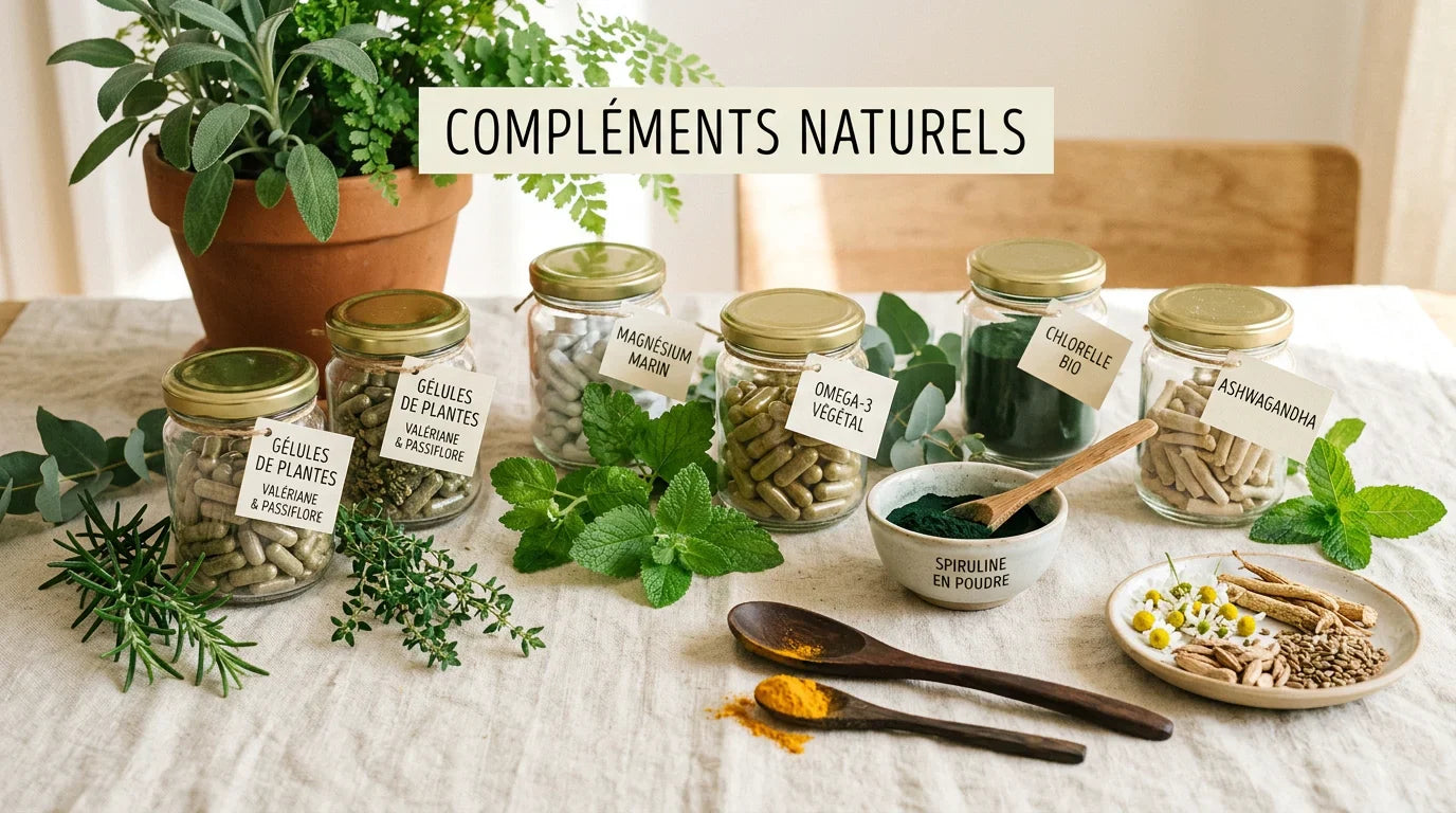Composition de compléments alimentaires naturels et plantes fraîches sur fond neutre