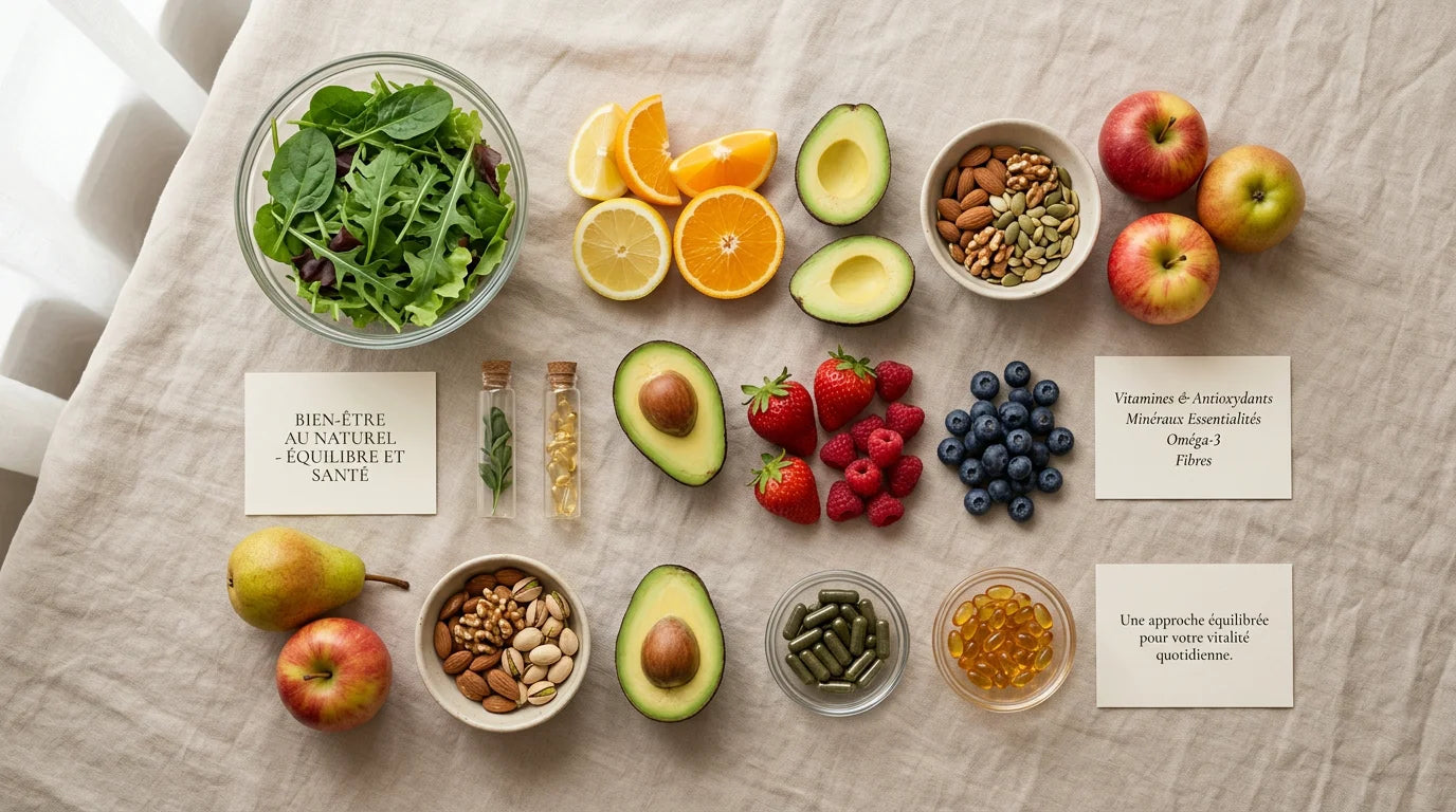 Aliments riches en vitamines et gélules disposés sur une surface claire Image
