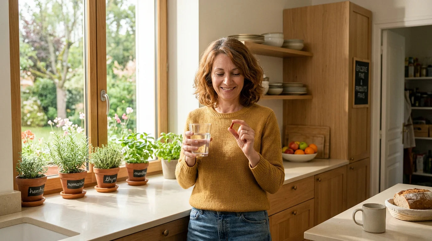 Femme prenant un complément avec un verre d'eau dans sa cuisine Image
