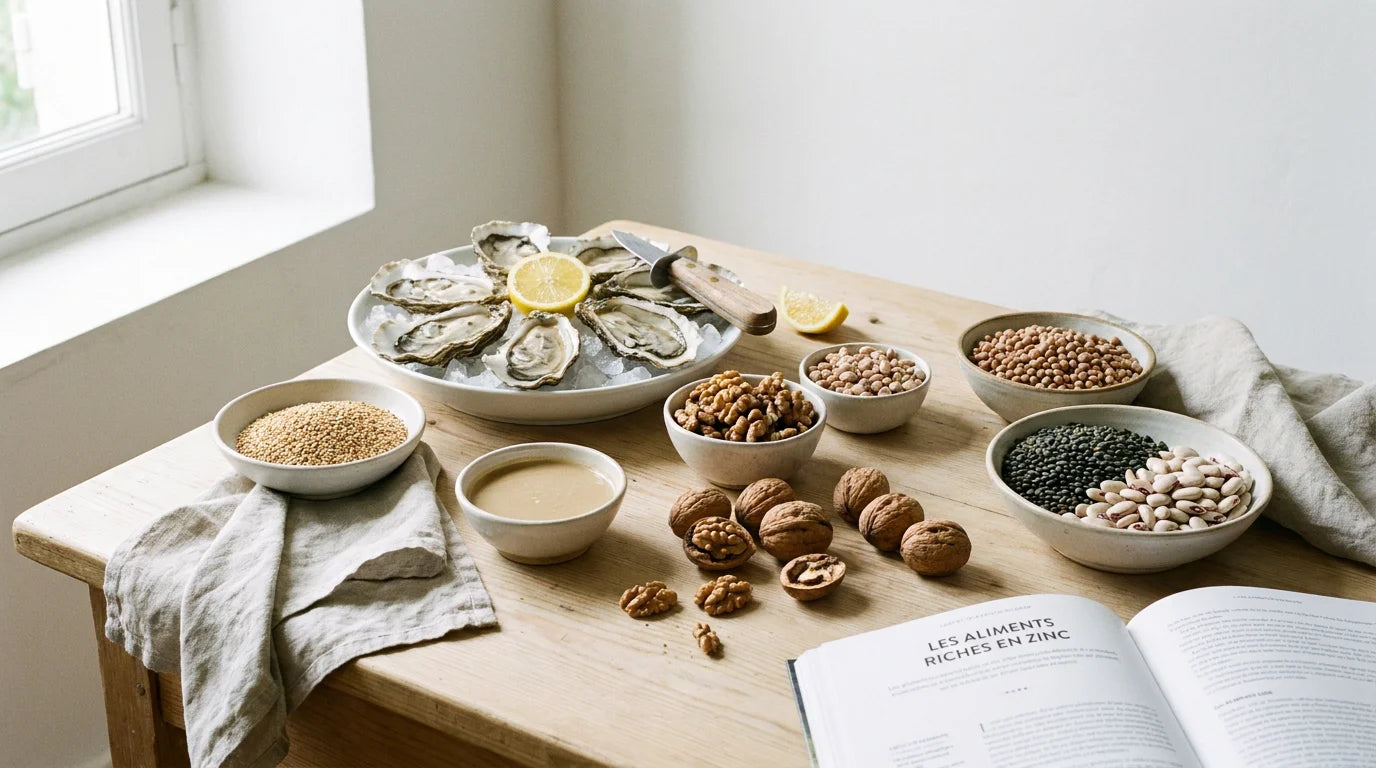 Aliments riches en zinc disposés sur une table en bois, sources naturelles de cet oligo-élément essentiel Image
