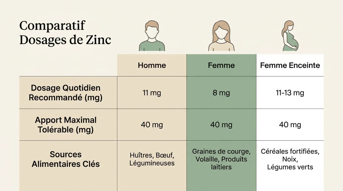 Infographie des dosages recommandés de zinc selon les profils, en français Image