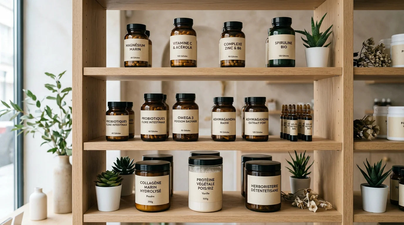 Rayon de compléments alimentaires naturels sans marque dans une lumière douce Image