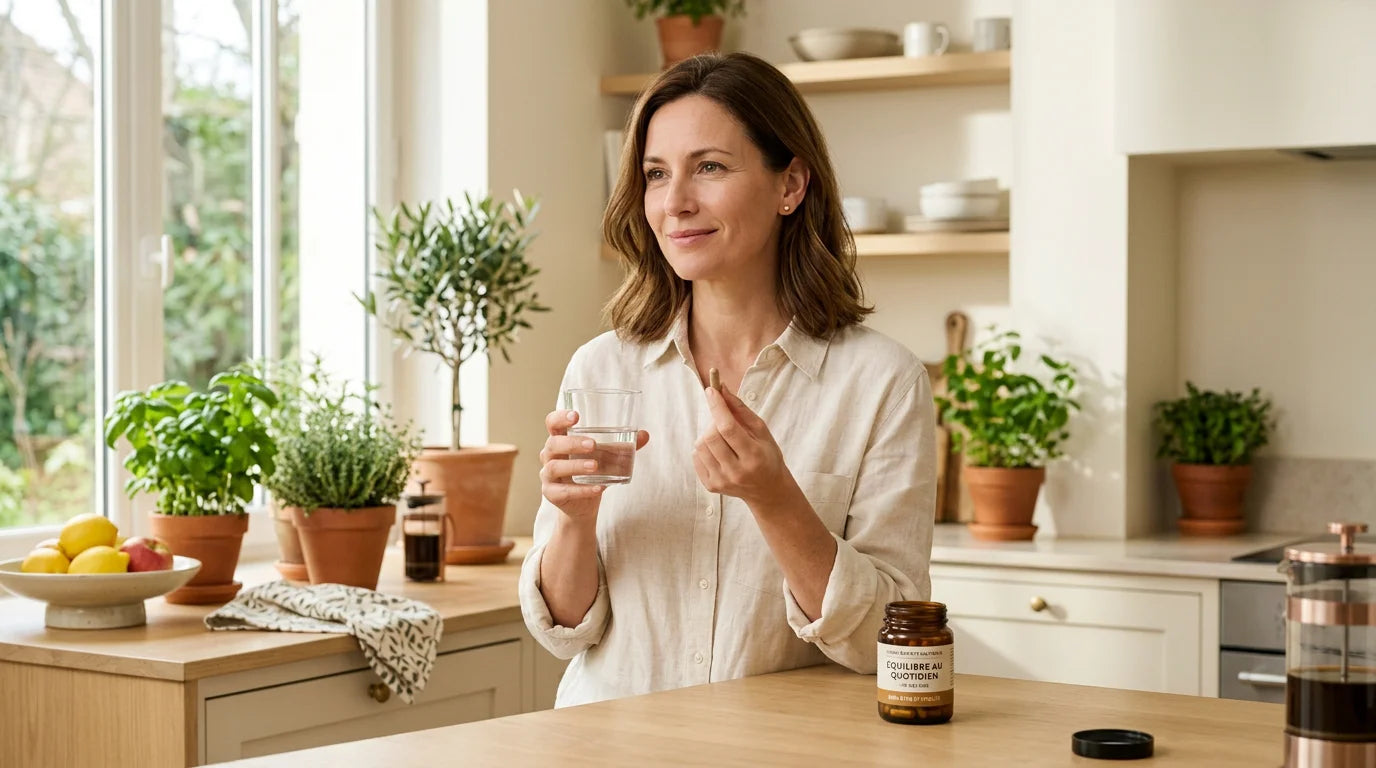Femme prenant un complément alimentaire naturel dans une cuisine lumineuse Image