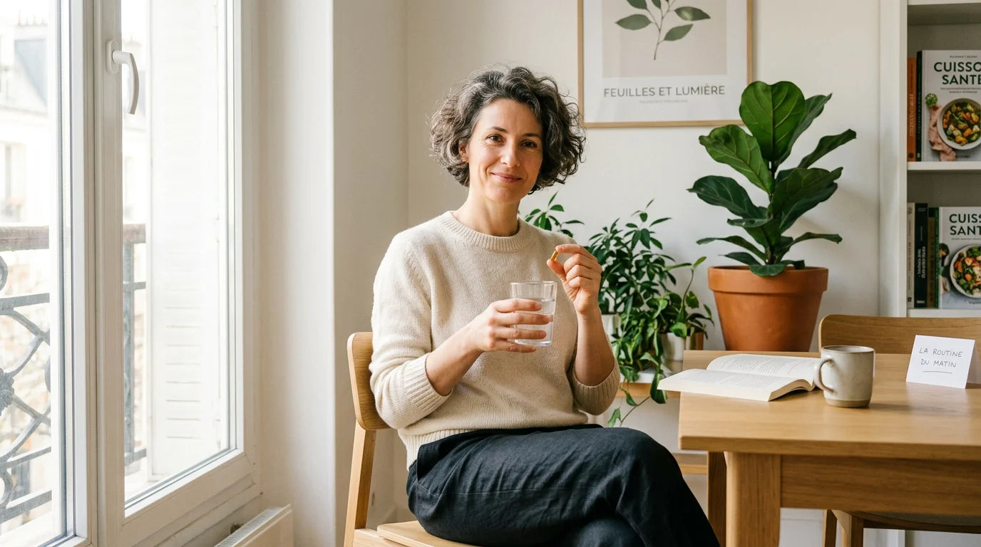 Femme prenant un complément alimentaire dans un intérieur lumineux Image