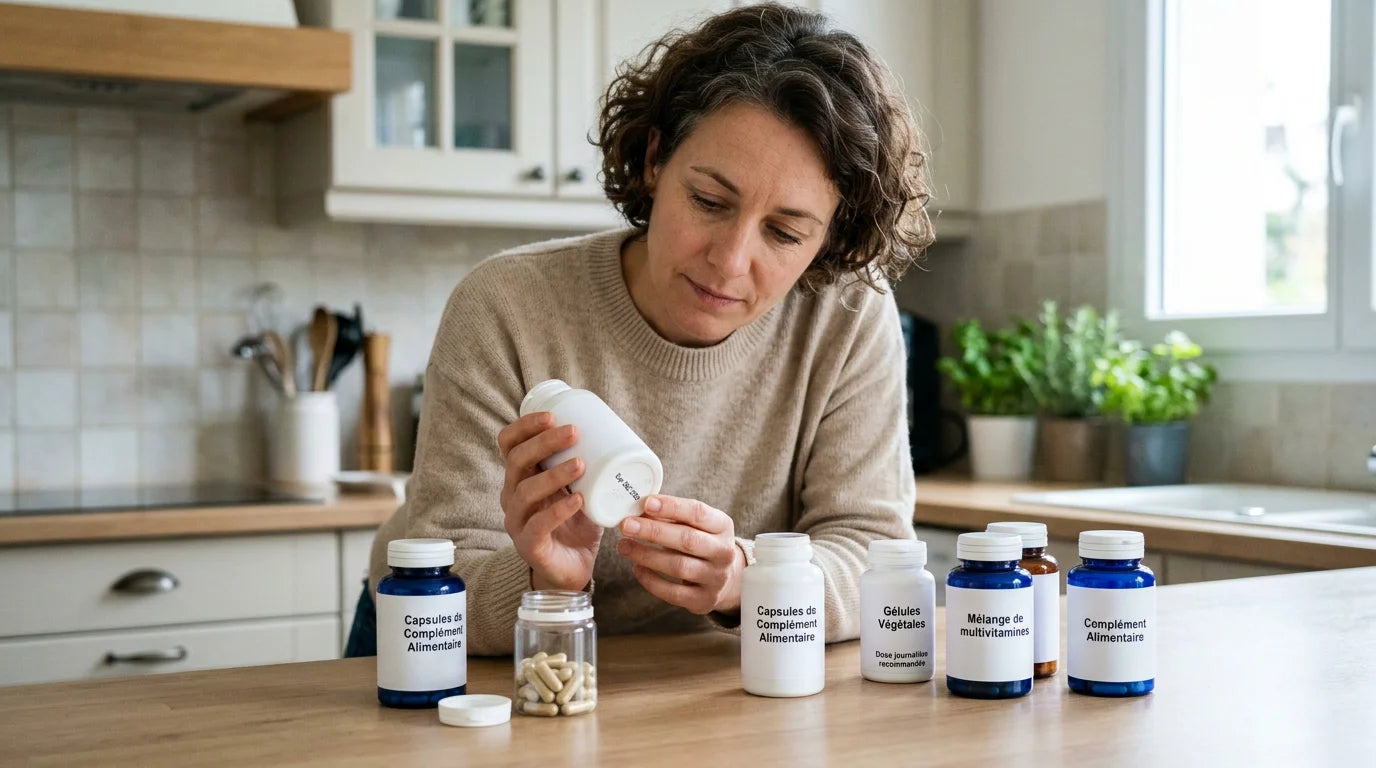 Une femme trie ses flacons de compléments alimentaires pour vérifier les dates Image