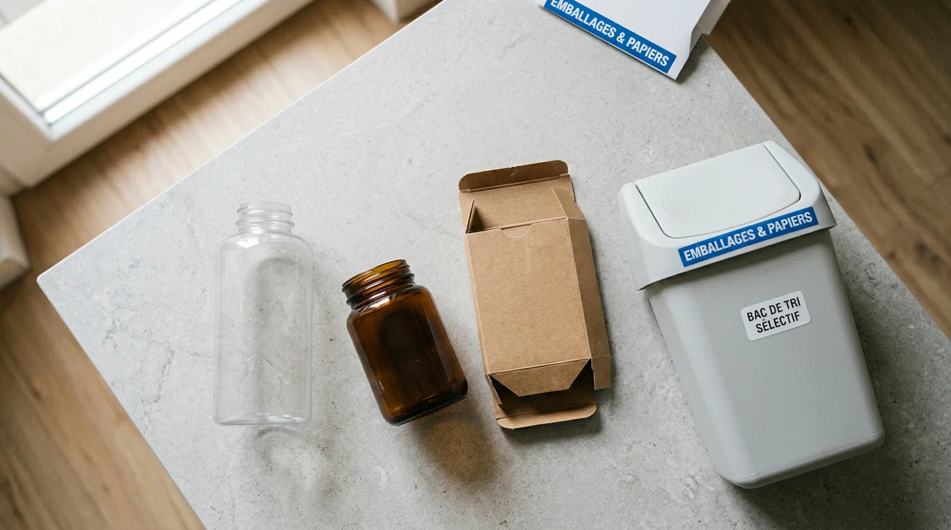 Emballages de compléments alimentaires triés pour le recyclage Image