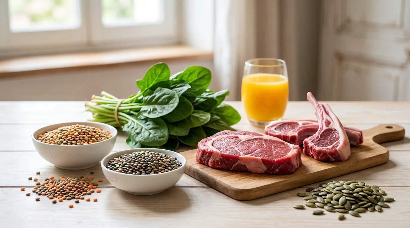 Aliments riches en fer disposés sur une table : lentilles, épinards, viande rouge et graines de courge Image