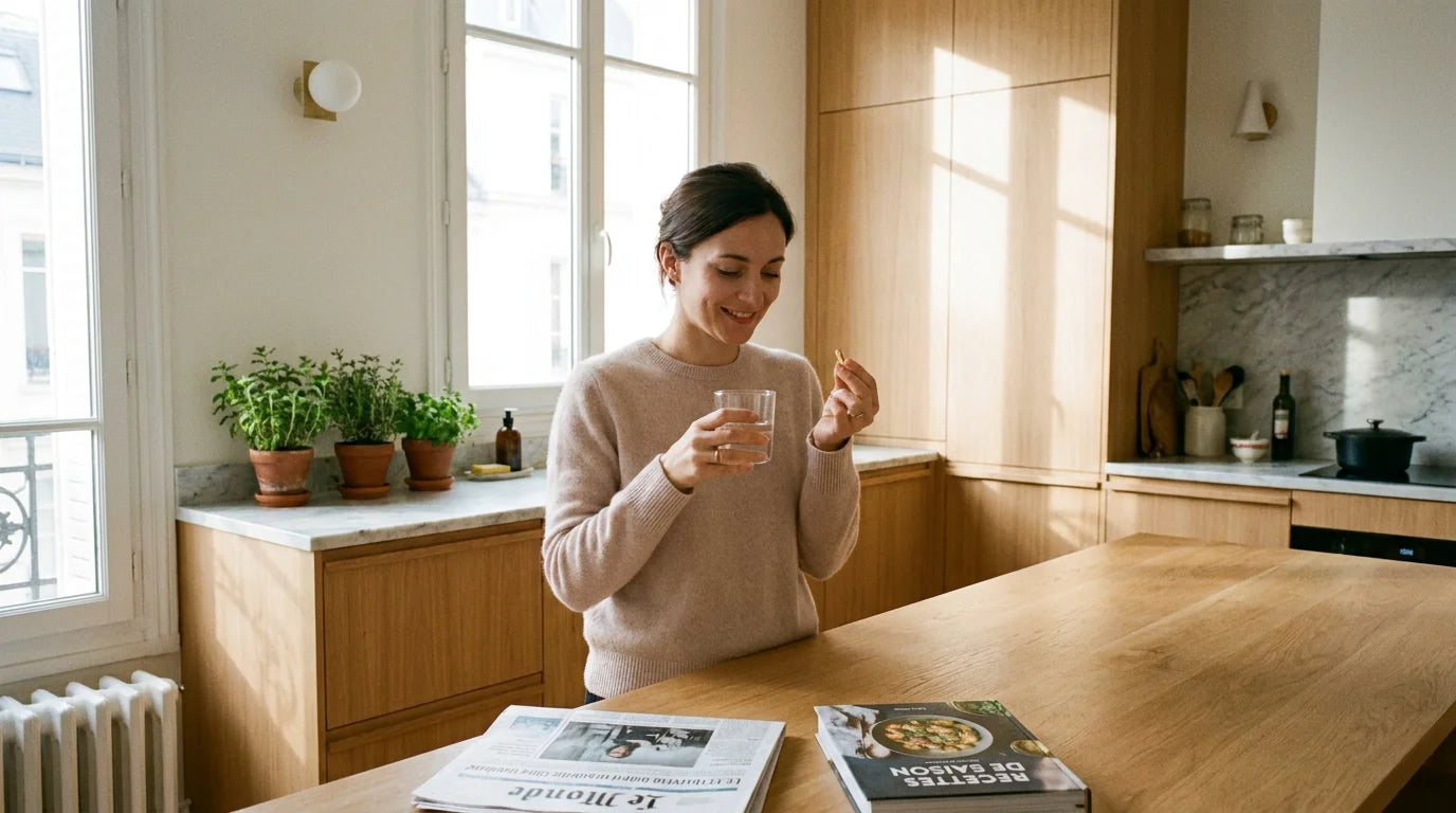 Femme prenant un complément alimentaire en fer avec un verre d'eau dans une cuisine lumineuse Image