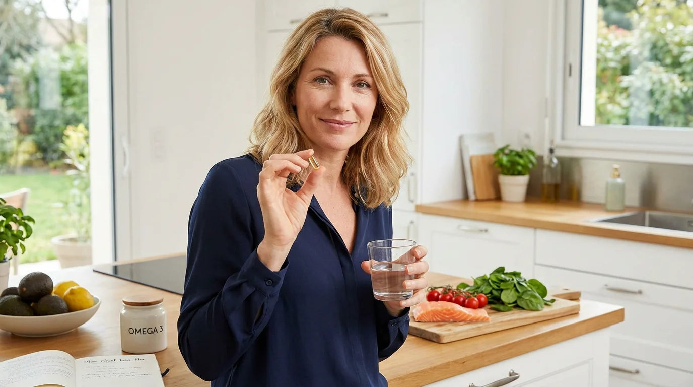 Femme prenant une capsule d'oméga 3 dans une cuisine lumineuse avec des aliments frais Image