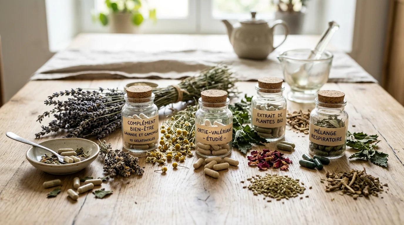 Gélules de compléments alimentaires bio et plantes séchées disposées sur un plan de travail en bois clair Image