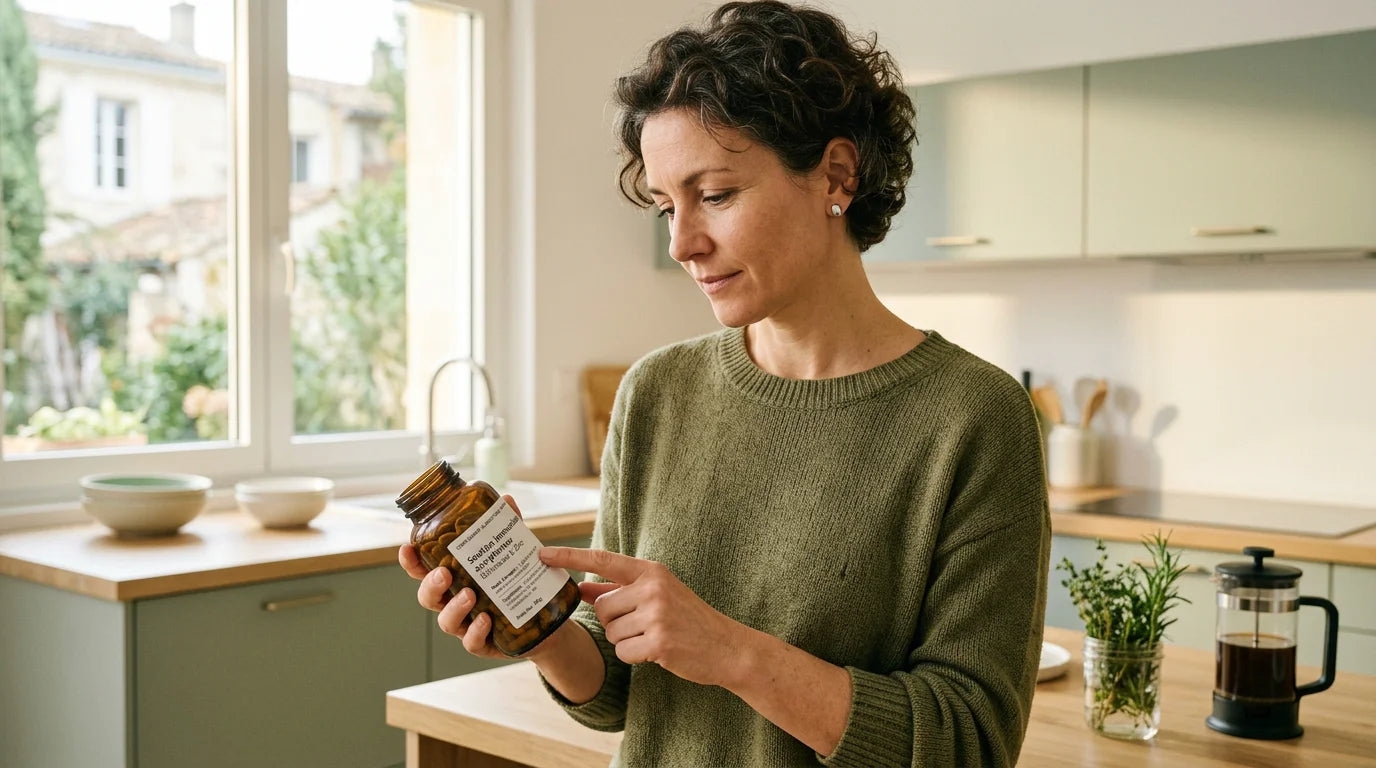 Femme lisant l'étiquette d'un complément alimentaire naturel dans sa cuisine Image