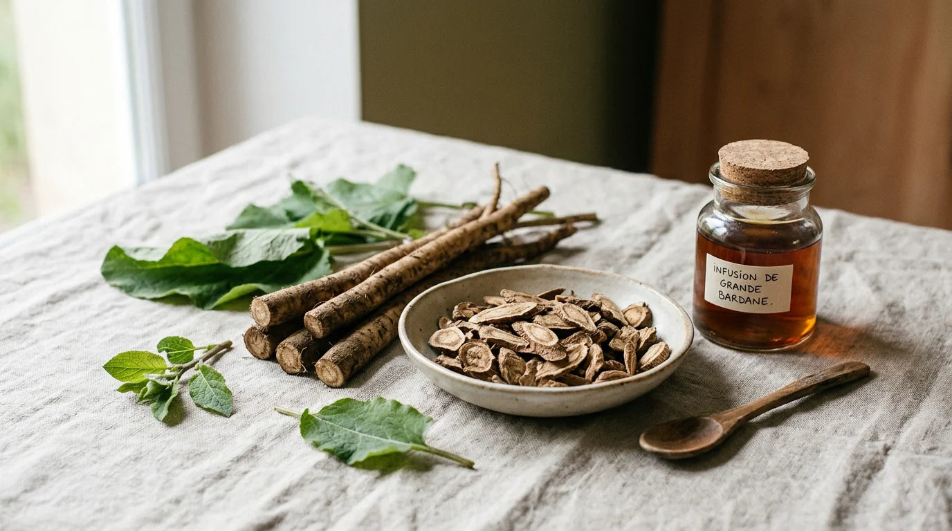 Racines de bardane fraîches et séchées disposées pour une infusion de phytothérapie Image