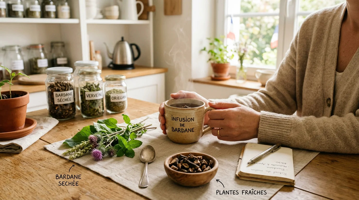 Personne préparant une infusion de bardane dans une ambiance bien-être Image
