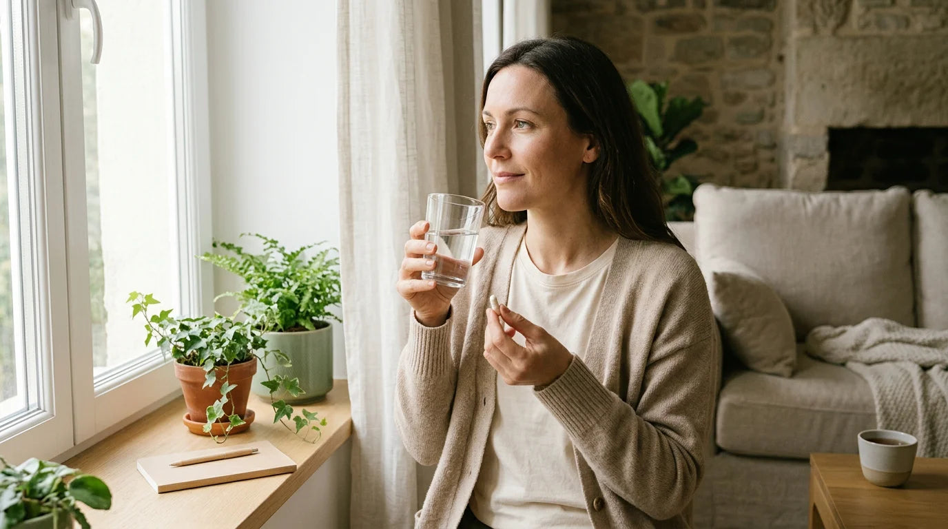 Femme intégrant un complément alimentaire à sa routine matinale Image