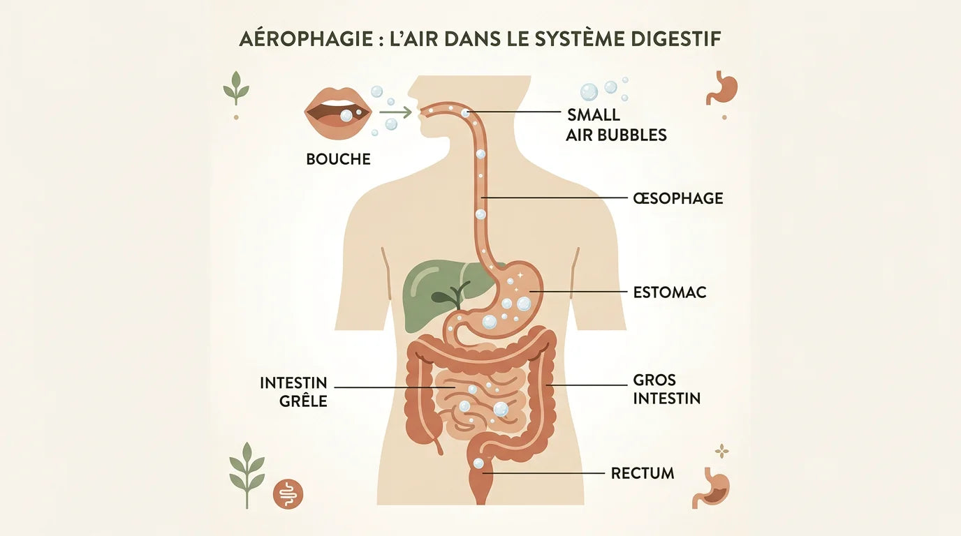 Schéma pédagogique de l'aérophagie et de l'accumulation d'air dans le système digestif Image