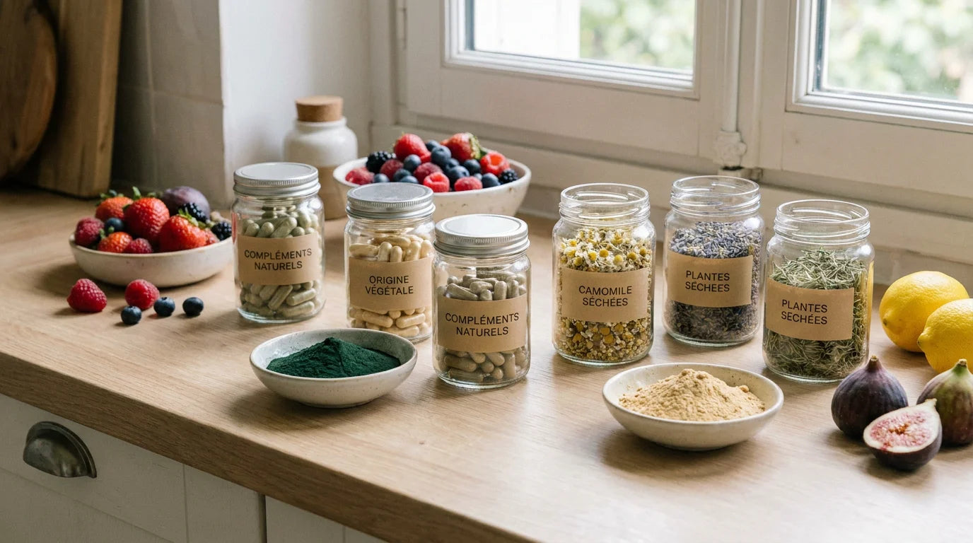 Assortiment de compléments alimentaires naturels : gélules, poudres et plantes sur un plan de travail en bois Image