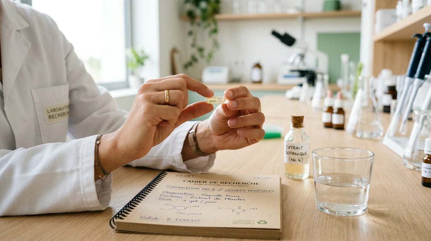 Gélule végétale examinée dans un contexte scientifique et naturel Image