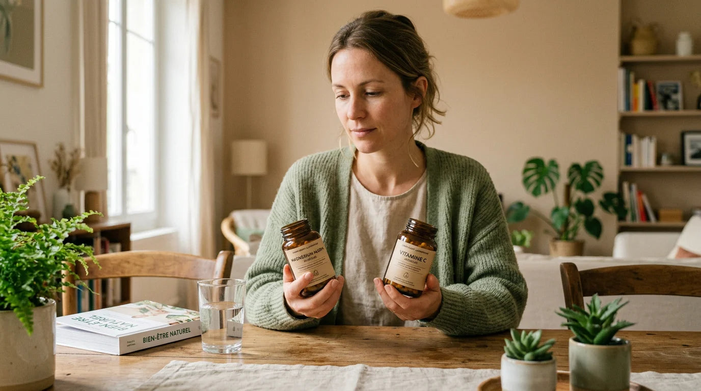 Femme comparant deux compléments alimentaires à domicile dans une lumière naturelle Image