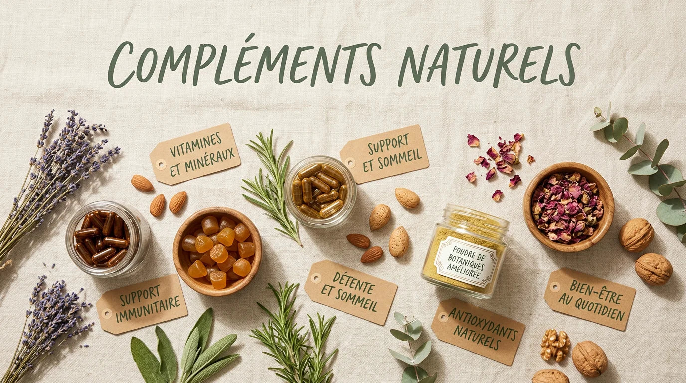 Compléments alimentaires naturels disposés à plat sur fond de lin Image