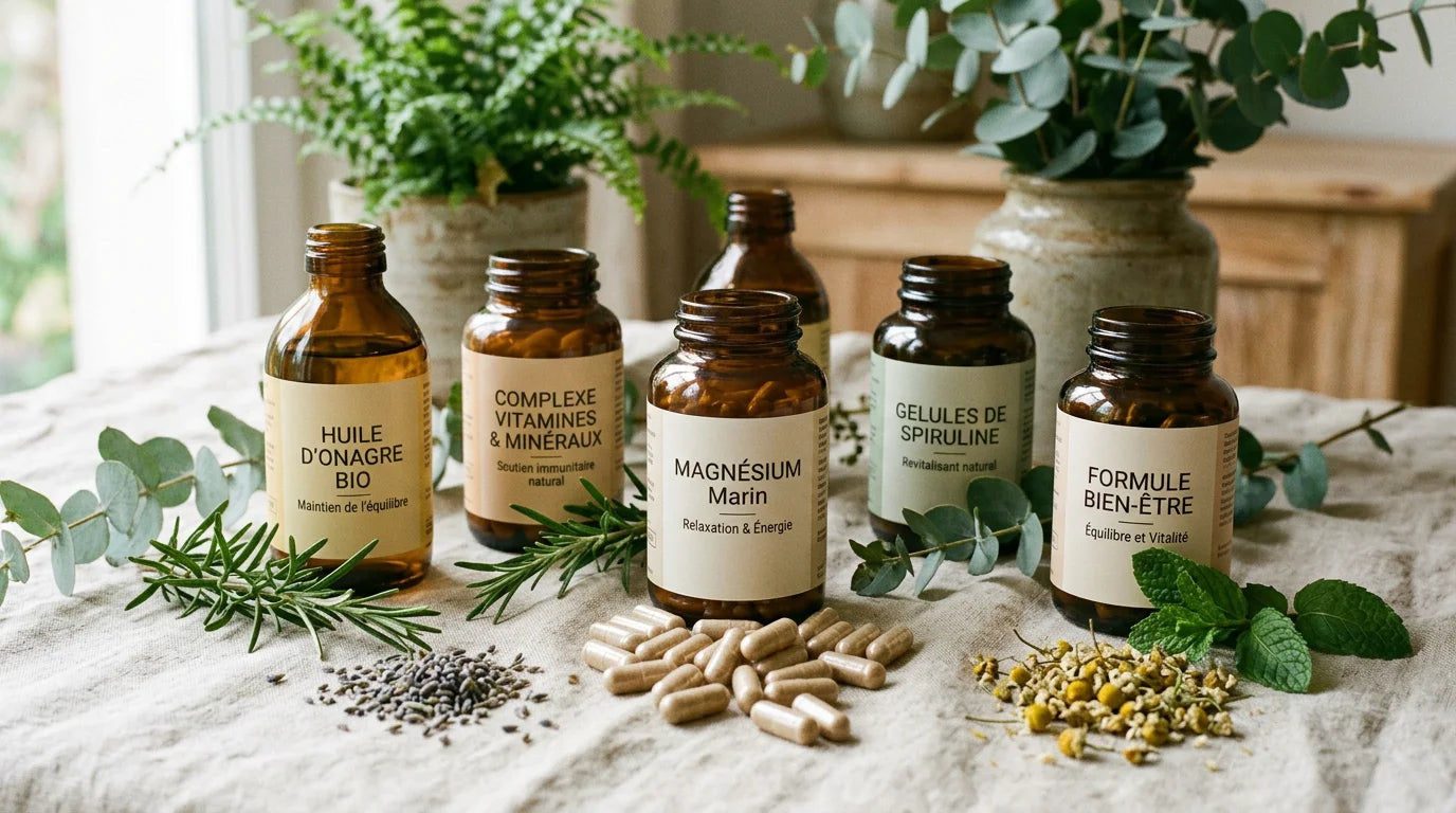 Compléments alimentaires biologiques présentés avec des plantes fraîches Image