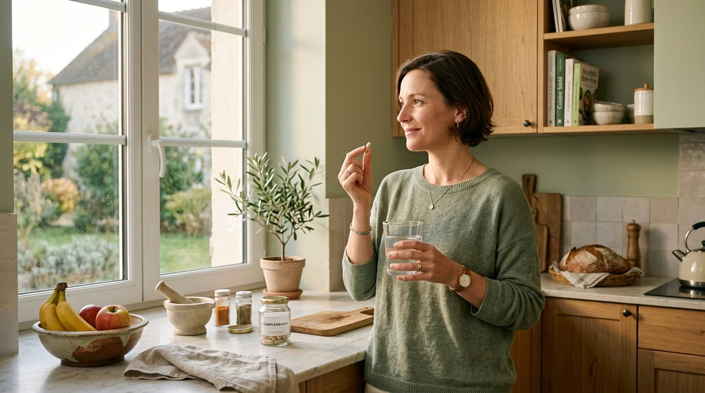 Femme intégrant un complément alimentaire biologique à sa routine quotidienne Image