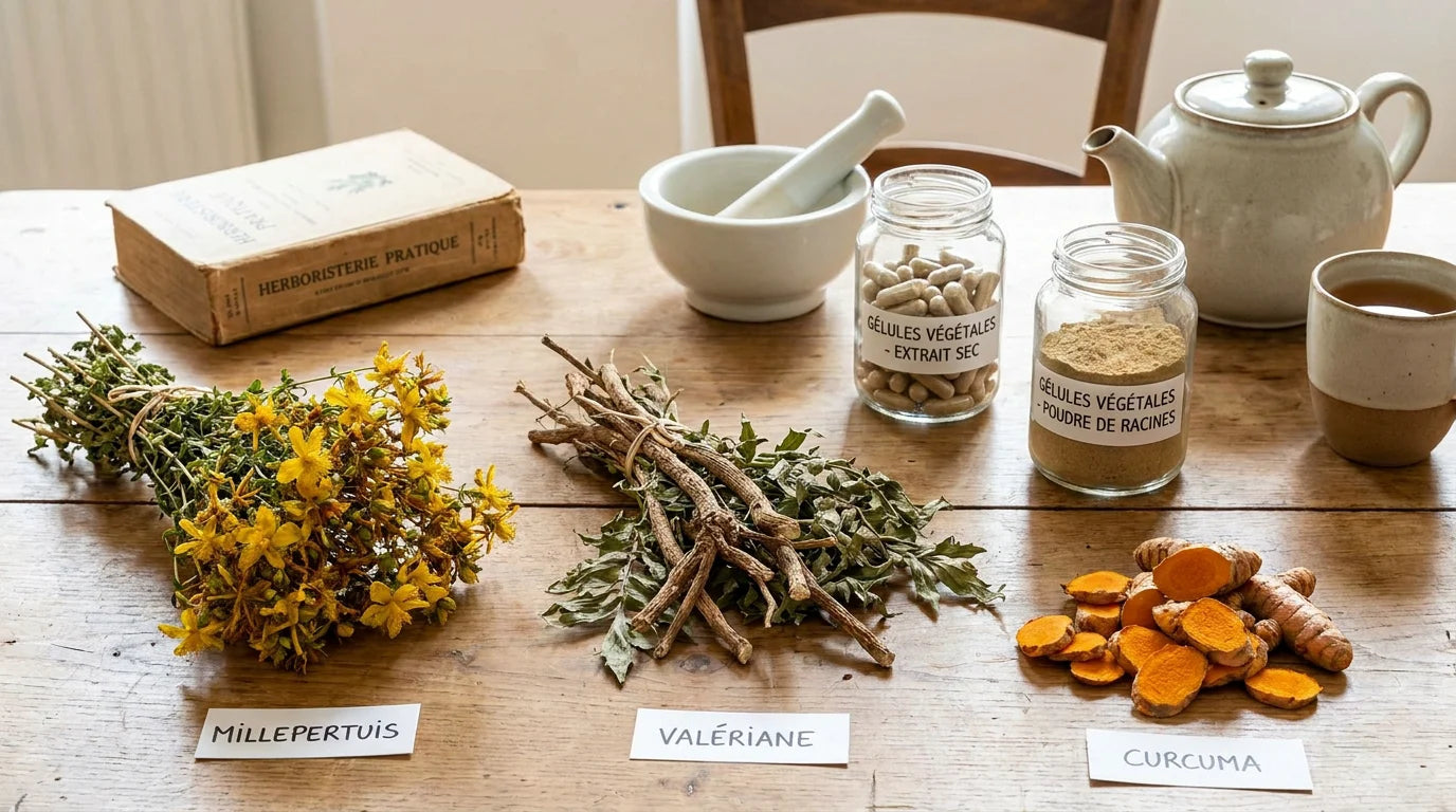 Plantes médicinales séchées et gélules végétales, illustration des risques d'interactions médicamenteuses Image