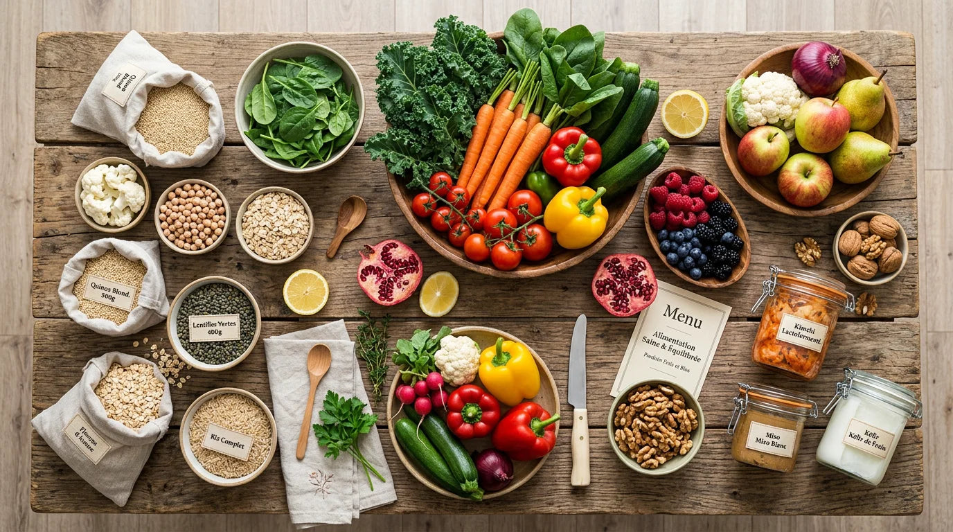 Assortiment d'aliments bons pour la flore intestinale sur une table en bois Image