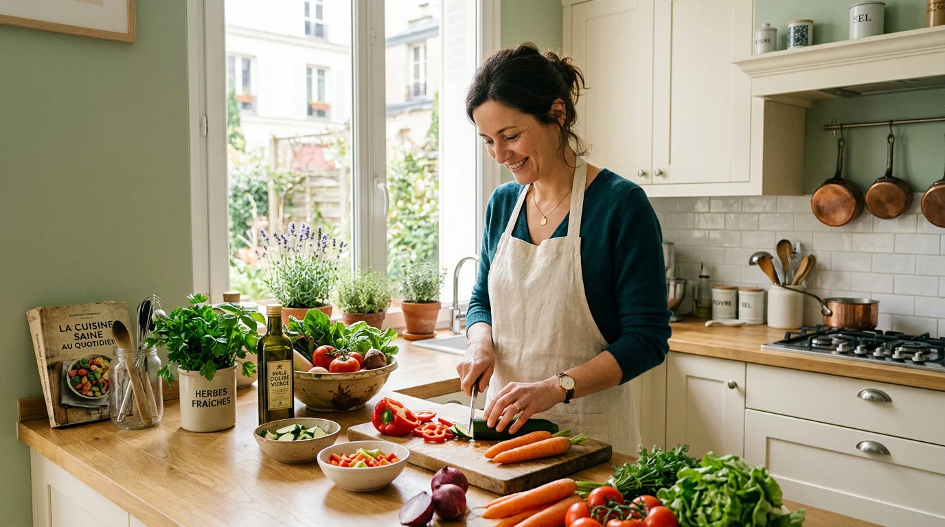 Femme préparant un repas riche en fibres pour soutenir son microbiote Image