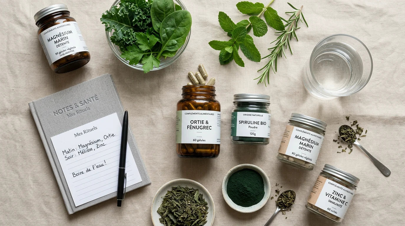 Compléments alimentaires naturels disposés sur une surface claire avec un carnet et un verre d'eau Image