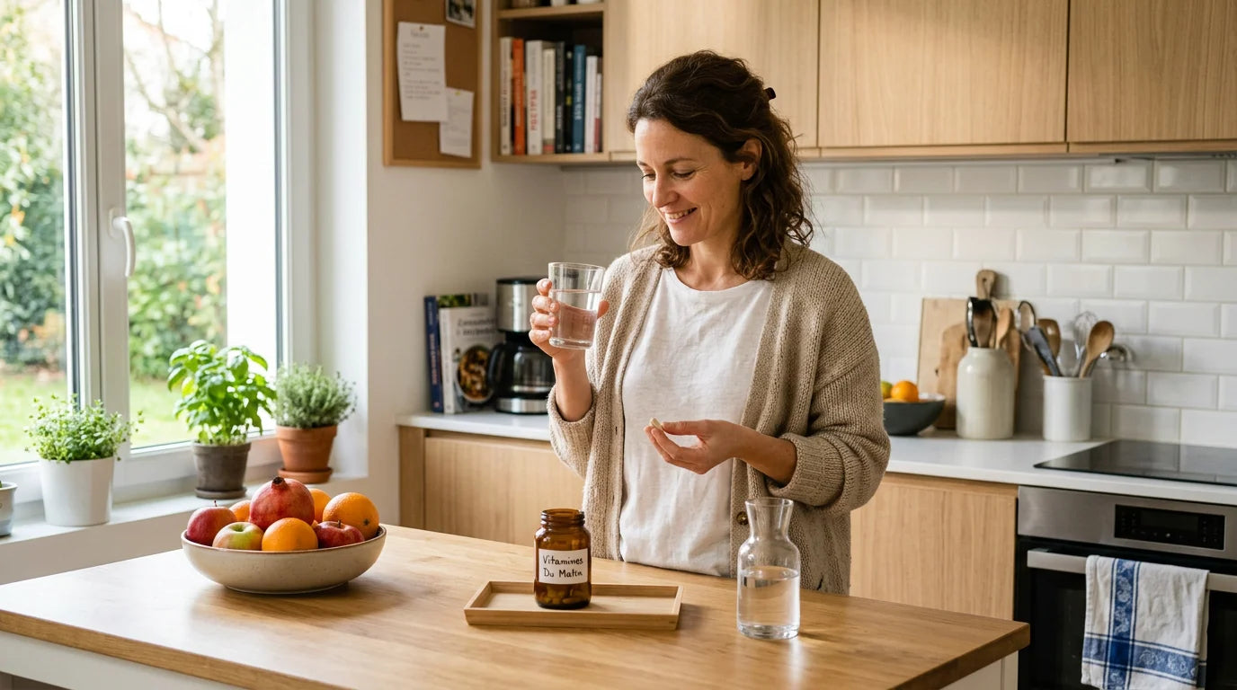 Femme prenant un complément alimentaire dans sa cuisine le matin Image