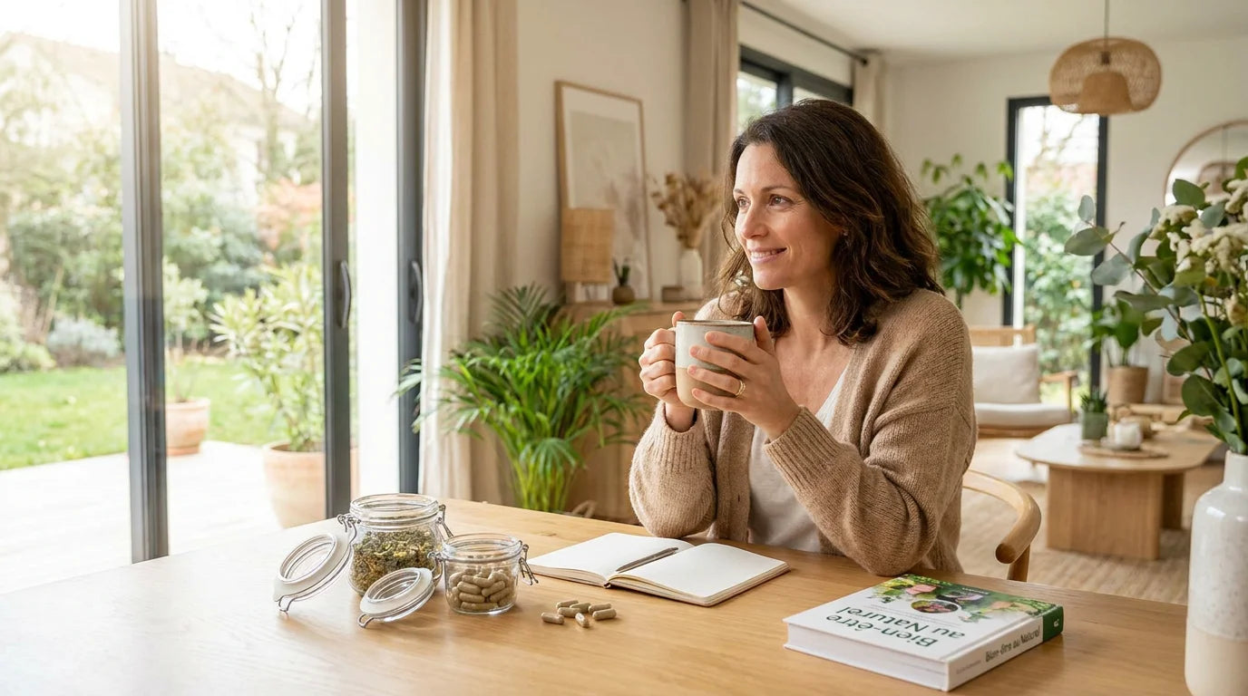 Femme prenant ses compléments alimentaires dans un cadre serein et naturel Image