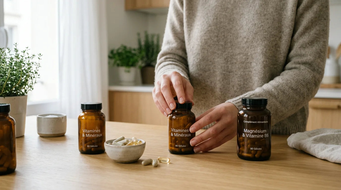 Flacons de compléments alimentaires posés sur une table en bois Image