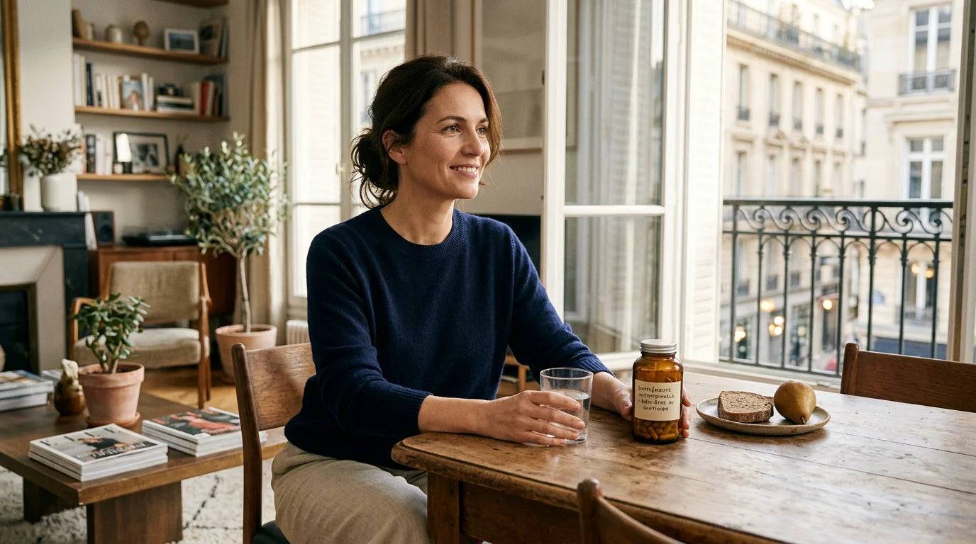Femme sereine prenant un complément alimentaire chez elle Image
