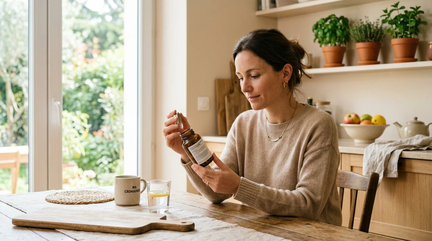 Femme lisant l'étiquette d'un complément alimentaire dans sa cuisine Image