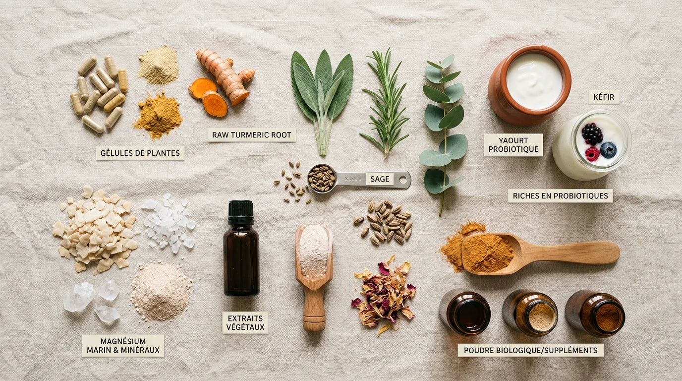 Compléments alimentaires variés disposés en flat lay avec des ingrédients naturels Image