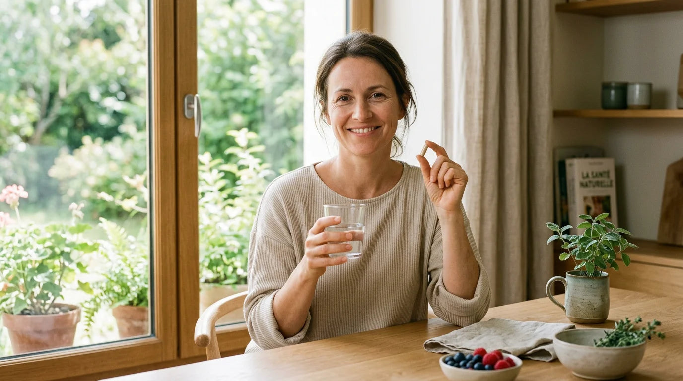 Femme sereine intégrant un complément alimentaire à sa routine bien-être Image